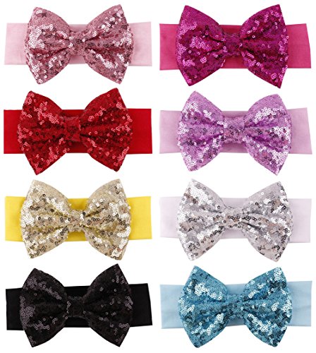 Qandsweet Baby Girl's Soft Headband with Paillette Hair Bow (8 Pack) (8 Colors)
