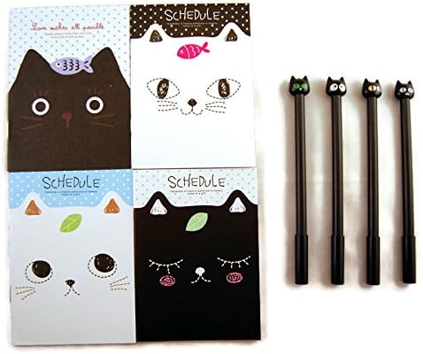 Cat Lover's Gift: 4 Cute Black Cat Pens and 4 Adorable Ruled Mini Notebooks / Pocket Notepads