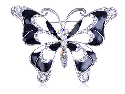 Black White Enamel Paint Crystal Rhinestone Butterfly Fashion Jewelry Pin Brooch