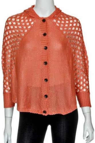 Peach Open Knit Crocheted Hooded Button Down Cardigan Size Medium/Large