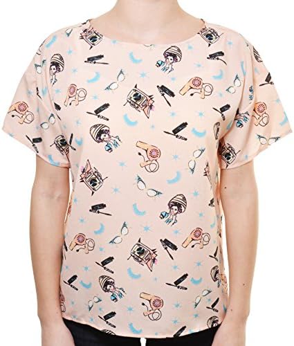 Retro Beauty Printed Open Back Blouse (Blush, Medium)