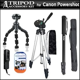 Tripod Kit Includes 50" Pro Tripod + Flexible Gripster + 67" Monopod + Remote Shutter Release For Canon Powershot G12, Rebel XSI, T2I, XS, T3I, T3, 60D Digital Camera + LCD Screen Protectors: Camera &amp; Photo