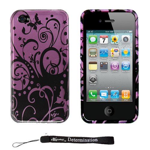Photo Premium Hard Design Crystal Case Snap On Cover for Apple iPhone 4 , 4th Generation, 4th Gen compatible with 16GB / 32GB - PURPLE WITH BLACK SWIRLS HD PRINT + Includes a eBigValue (TM) Determination Hand Strap