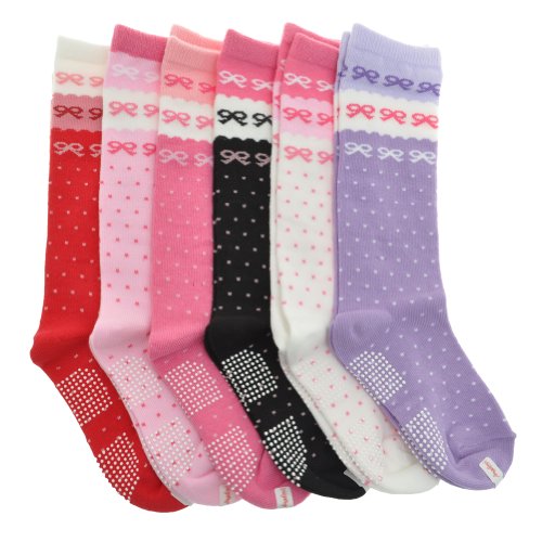 Angelina Girls Knee High Cotton Socks with Non-Skid Bottom (6 Pairs)