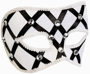 Forum Venetian Mask With Harlequin and Rhinestone Accents, White/Black, One Size