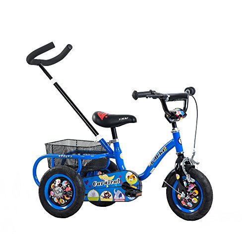 Tauki 10 Inch Kids Tricycle with Adjustable Removable Push Handle, Blue, for 2-4 Years Old