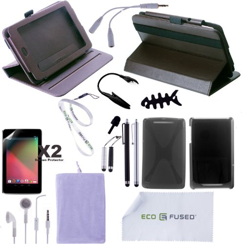 Nexus 7 Accessory Combo / (Brown) 360 Degree Rotating Leather Case / (Black) TPU Case / (Black) Hard Case / 5 (Silver AND Black) Stylus Pens / Earphones /Screen Protectors / LED Reading Light - ECO-FUSED® Microfiber Cleaning Cloth and Free Lanyard Included - And MORE!
