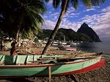 Fishing Boats at Soufriere Beach, with the Pitons in the Background, St. Lucia, West Indies Photographic Poster Print by Yadid Levy, 24x18