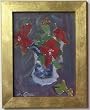 Red Roses in Blue Vase, 1940's Oil Painting By Carmel Artist Victor Di Gesu