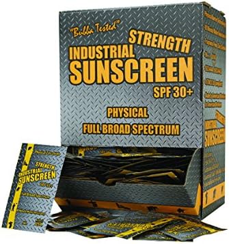 4ml Foil Packet Industrial Sunscreen SPF 30+ with Physical Broad Spectrum Zinc Oxide, Rubs in Clear, 80 min water resistant. Zinc Oxide Acts like a Million Tiny Mirrors Reflecting Both UVB and UVA Rays before they enter your skin. "Fragrance Free" Made In USA. Leaves No White Residue. Made by American Workers for American Workers