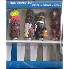 SPREADERS 4 Piece Spreader Knife Set w Grapes and Wine Barrels Design by Spreaders