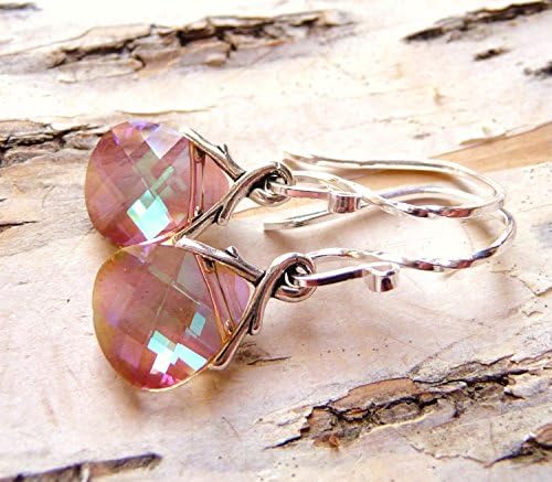 Swarovski Purple Haze Crystal Earrings, Golden Rose and Light Violet Purple Swarovski Crystal Glass Briolettes, Sterling Silver Earrings, Teardrop Earrings