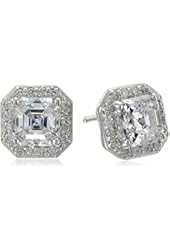 Platinum or Gold-Plated Sterling Silver Asscher-Cut Swarovski Zirconia Halo Earrings (1 cttw)