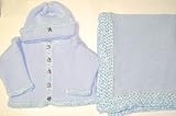Knitted on Hand Knitting Machine Blue Cotton Hand Crochet Finished with Blue Chenille Infant Boys Cardigan, Hat Set and Matching Large Blanket