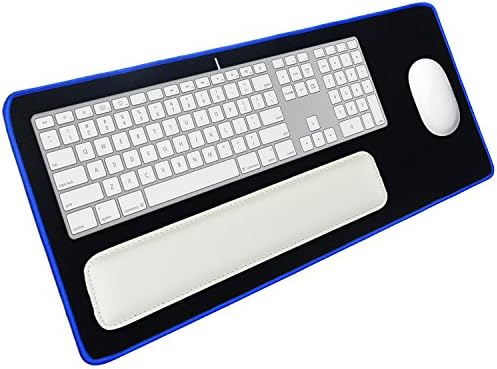 Extended Gaming Computer Mouse Keyboard Wrist Rest and Pad Combination, 14.5" PU Leather Filled with Memory Foam Wrist Cushion(White) + 23.8" Slim Stitched Edge Textured Weave Gaming Mouse Pad(Blue)