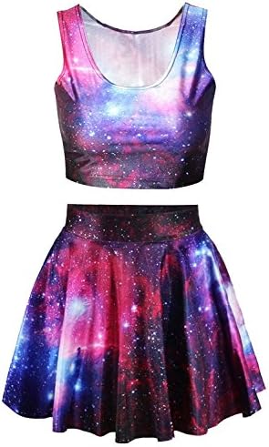 Women's Teen Girl's Galaxy Print Crop Tank Top/Pleated Skater Skirts Sets (Red Galaxy)