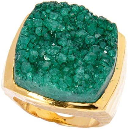 Jewelry By V3 Women's Rough Cut Sugar Druzy Gold Plated Brass Hammerd Square Ring Green 8