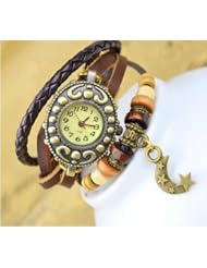 KANO BAK(TM) Vintage Wrap Around Leather Retro Weave Wrap Quartz Bracelet Woman Unisex Star Moon Gift Watch Brown