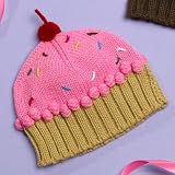 Girls Soft Crochet Cupcake Beanie Winter Hat Cap - Pink w/ Sprinkles