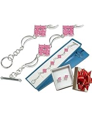 Sterling Silver Open Moon Princess Pink Ice CZ 7" Toggle Bracelet and Post Stud Earrings Gift Boxed Set