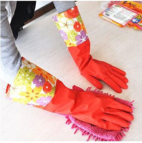 Kobwa(TM) Red Wide Mouth Plus Velvet Long Flower Rubber Gloves Antiskid Household Dishwashing Cleaning Warm Gloves With Keyring