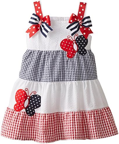 Rare Editions Little Girls' Colorblock Seersucker Dress with Butterfly Appliques, Red/White/Navy, 5