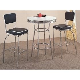 Click here to buy 3pc Retro Fountain Style Chrome and Black Finish Bar Table and 2 Stools Set by visiondecor Furniture.
