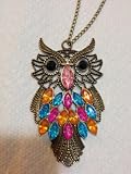 Antique Alloy with Colour Crystal Owl Long Prendant Necklace~*~
