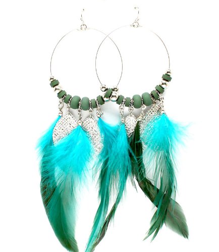 Unique AMI XX-Large Winter Blue Feathers Hoop Earrings with Silver Feather Charms and Beads Silver Tone Dangles Over 9 Unique AMI XX-Large Winter Blue Feathers Hoop Earrings with Silver Feather Charms and Beads Silver Tone Dangles Over 9