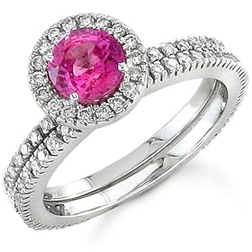 18Kt White Gold Fuchsia Pink Sapphire and Diamond Wedding Ring Set