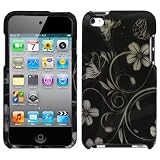 Rubberized Black Silver Vine Flower Butterfly Snap on Design Case Hard Case Skin Cover Faceplate for Apple Ipod Touch 4g 4th Generation