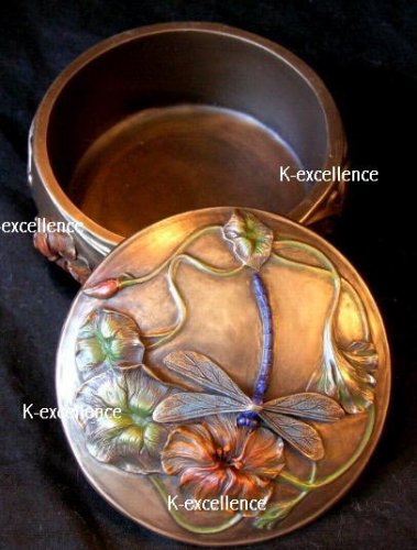 ART NOUVEAU DRAGONFLY JEWELRY TRINKET BOX Antique Bronze Finish with Hand Painted Accents