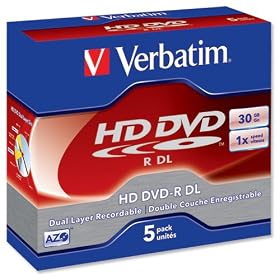 Verbatim HD DVD-R DL Dual Layer Recordable Disk Write-once Cased Speed 1x 30GB Ref 43603 [Pack 5]