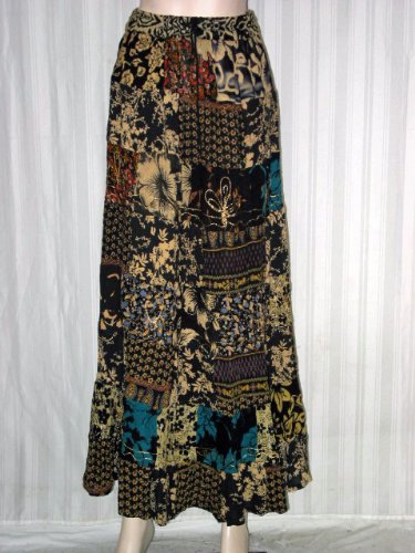 Womens Skirt Boho Fashion Bollywood Fashion Black Floral Print Patchwork Ladies Skirt 38" Long Free Shipping