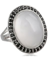 Sterling Silver White Jade and Black Spinel Accent Ring, Size 7