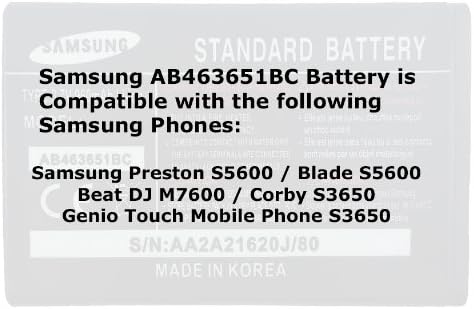 Samsung AB463651BC 960 mAh Battery in Retail Packaging for Samsung Preston S5600 / Blade S5600 / Beat DJ M7600 / Corby S3650 / Genio Touch Mobile Phone S3650