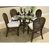 IMAGE OF Key West 5 Piece Indoor Rattan Dining Set in Antique Finish Fabric: Palm Patch Champagne