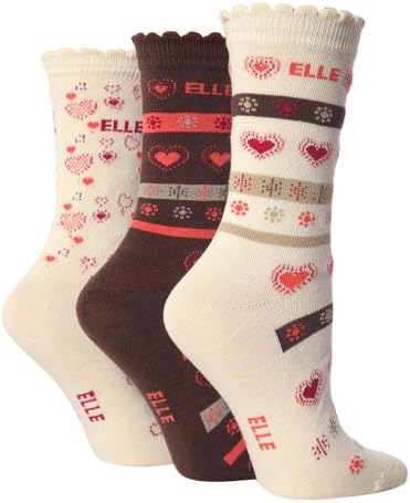 3 Pairs Girls Elle Cotton Rich Ankle Socks with Hearts YE11 (4-6 years, Cream/Brown)
