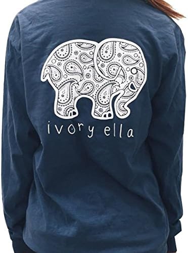 CollTIE Women Long Sleeve Crew Neck Cotton Shirt Elephant Print Pocket Top Deep Blue Small