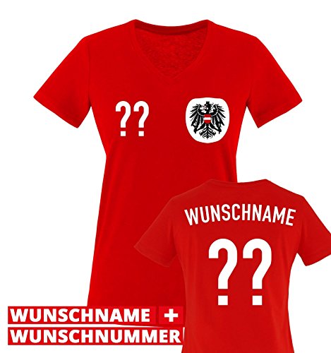 TRIKOT – AT – WUNSCHDRUCK – Damen V-Neck T-Shirt – Rot / Weiss-Schwarz Gr. XL