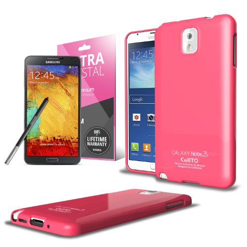 Cellto Premium Galaxy Note 3 Slim Fit Flexible Pearl Shimmer TPU Case Cover & Free HD Screen Protector (Hot Pink)