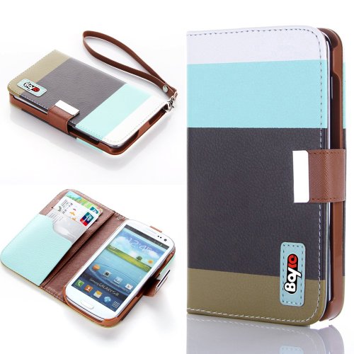 Bayke Brand / Samsung Galaxy S3 Mini (MINI ONLY) I8190 Fashion Designer Colorful PU Leather Wallet Case with Strap with Stand with Magnetic Clip Credit Card Slots & Holder (Sky Blue+Black+Olivedrab)