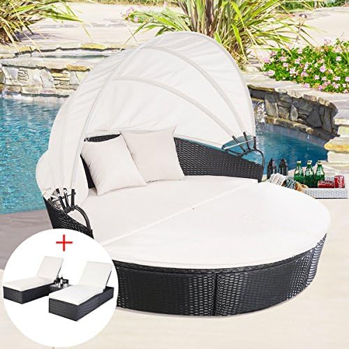 Outdoor Rattan Patio Furniture Round Canopy Daybed + 3 Piece Chaise Lounge New