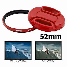 Vivitar 52mm UV Filter and Snap-On Lens Cap - Red