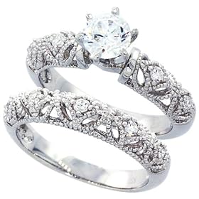 14K White Gold Rhodium Plated Sterling Silver Wedding &amp; Engagement Ring Vintage Style 2Pc Engagement Ring Set For Women 8MM ( Size 6 to 9) Size 6: Jewelry