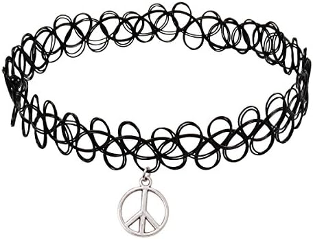 Longil Women Vintage Black Gothic Double Line Henna Tattoo Choker Collar Necklace with Peace Pendant