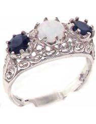 Solid 9K White Gold Genuine Natural Sapphire & Opal English Filigree Trilogy Band Ring - Finger Sizes 4 to 12 Available