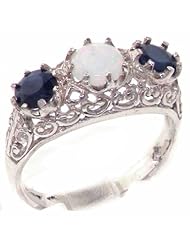 Solid 925 Sterling Silver Genuine Natural Sapphire & Opal English Filigree Trilogy Ring - Finger Sizes 4 to 12 Available