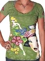 CRYSTAL ROCK Christian Audigier Ed Hardy Womens Organic Cotton T-Shirt Tee Top Dog Flowers Green