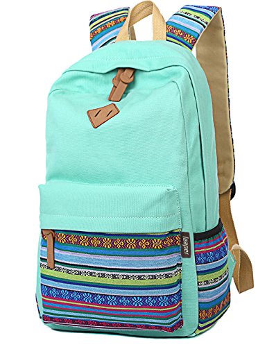 Leaper Causal Style Lightweight Canvas Cute Backpacks School Backpack (Medium, Water Blue+Flower)